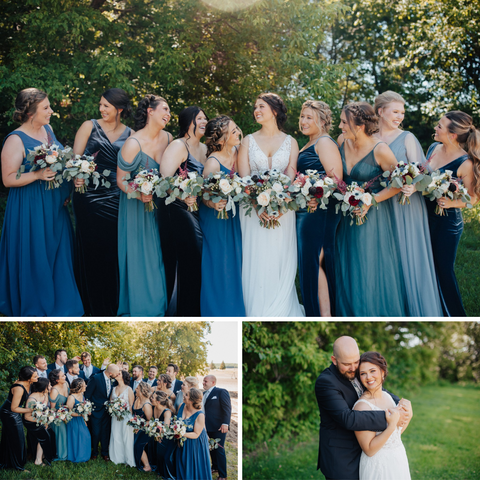 Wedding photos of a bridal party with mismatched dresses and colors in different shades of blue. 