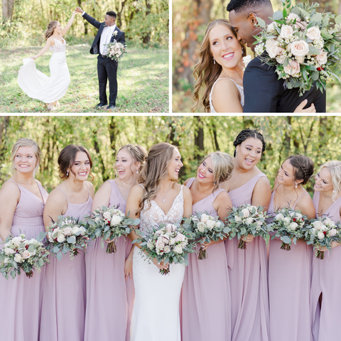 Wedding photos of bride with bridesmaids wearing desert rose dresses, and photos of bride and groom.