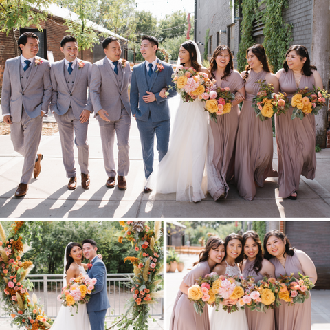 Wedding photos with bridal party. Groomsmen are wearing grey suits with blue ties and a colorful flower boutonniere. The bridesmaids are wearing long flowy dresses and colorful flower bouquets.