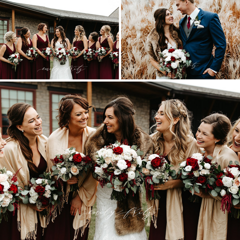 Wedding Photos of Bride and Bridesmaids and Bride and Groom. Boho-chic style wedding with dark red dresses.