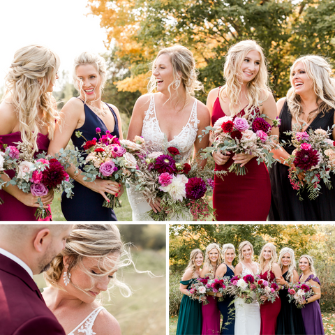 Bride and Bridesmaids with mismatched dresses and dress colors. 