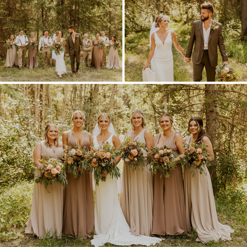 Wedding photos of boho-chic wedding with bridesmaids wearing long flowy gowns.