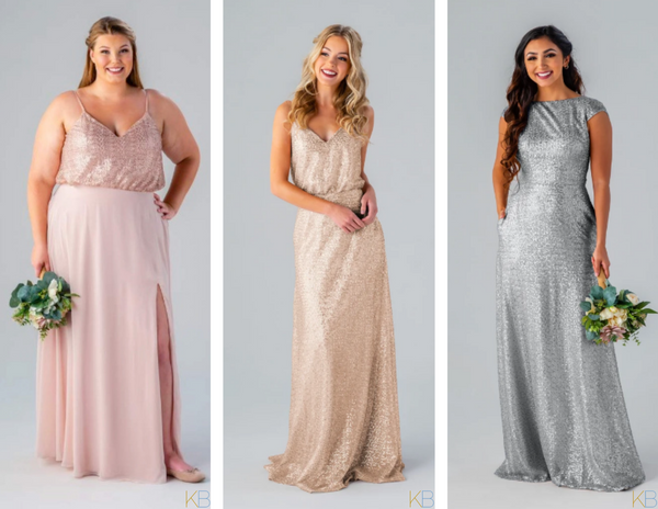 Models in various Kennedy Blue Sequin Bridesmaid Dresses in colors 'Rose Gold/Blush', 'Gold', and 'Silver'.