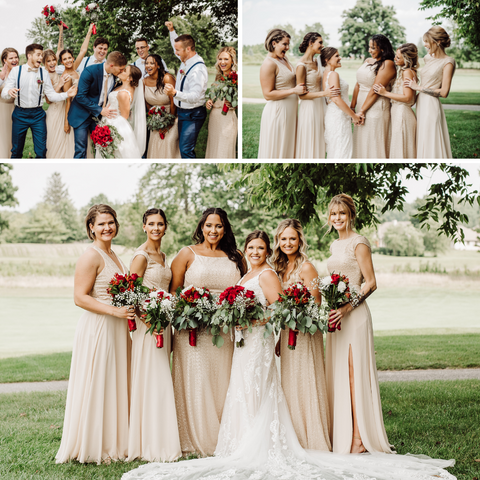 Wedding photos with bridal crew. The bridesmaids are wearing beautiful gold sequin dresses.