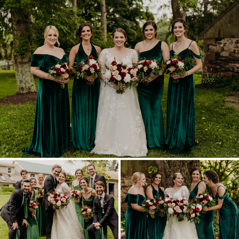 Wedding photos of bride and bridesmaid with emerald velvet bridesmaid dresses.