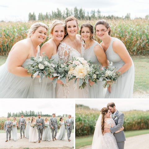 Wedding photos of a bride with her bridesmaids, the bride and groom with their bridal party, and the bride and groom.