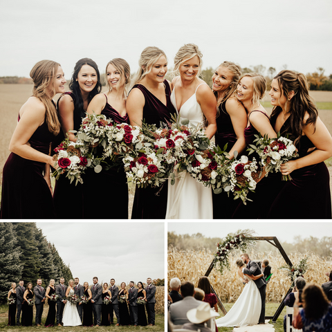 Wedding photos with a boho-chic wedding. The bridesmaids are wearing beautiful dark red velvet dresses.