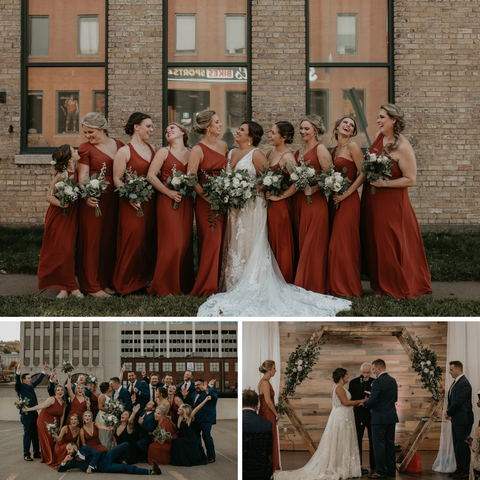 Wedding photos of a wedding with a city landscape background. 